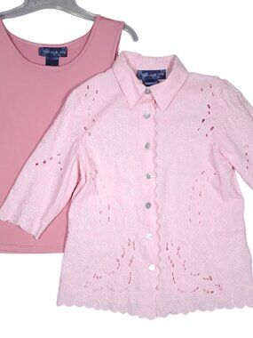 Susan Graver Linen Button Up Shirt Tank Top Embroidered Pink Short Sleeve Sz S